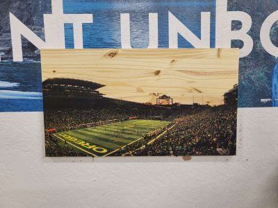 the university of oregon autzen stadium has been printed on a sheet of wood with the sky removed to show the wood engraving on the background. This is only possible with the surface ink vertical printer!