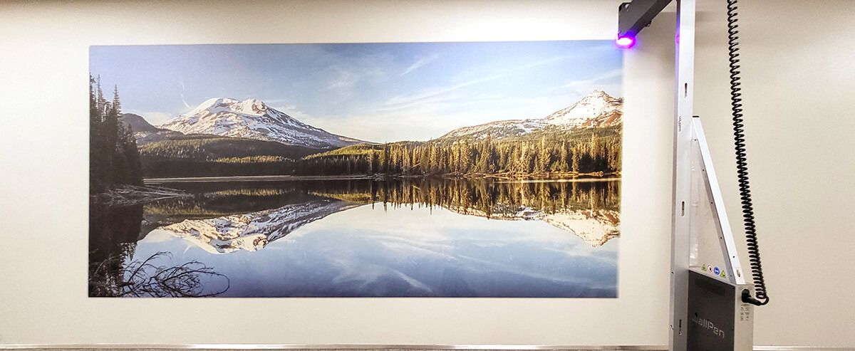Vertical Printing is an exciting new technology for printing on walls. A printer is using UV ink to print a picture of a scenic Oregon landscape onto a wall.